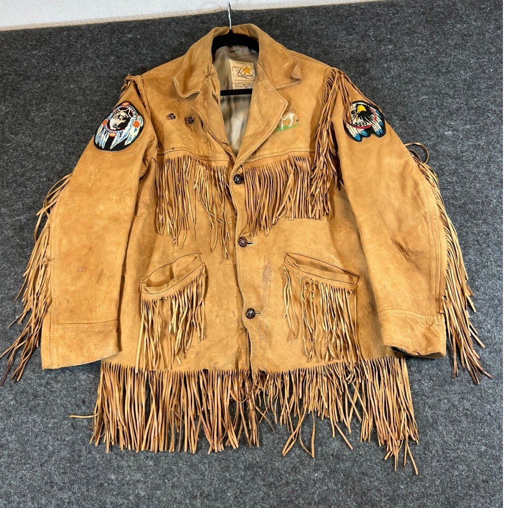 Vintage 50s Kurland Star Sportswear Fringed Leather Western Jacket Wolf Eagle L